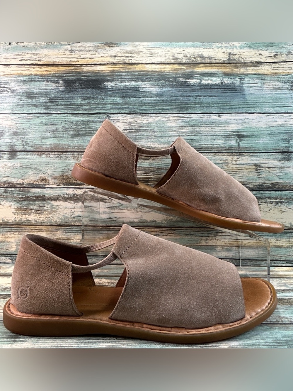 BORN Cove Modern Slip On Flat Sandals Womens 11M Taupe Suede Open Toe Casual